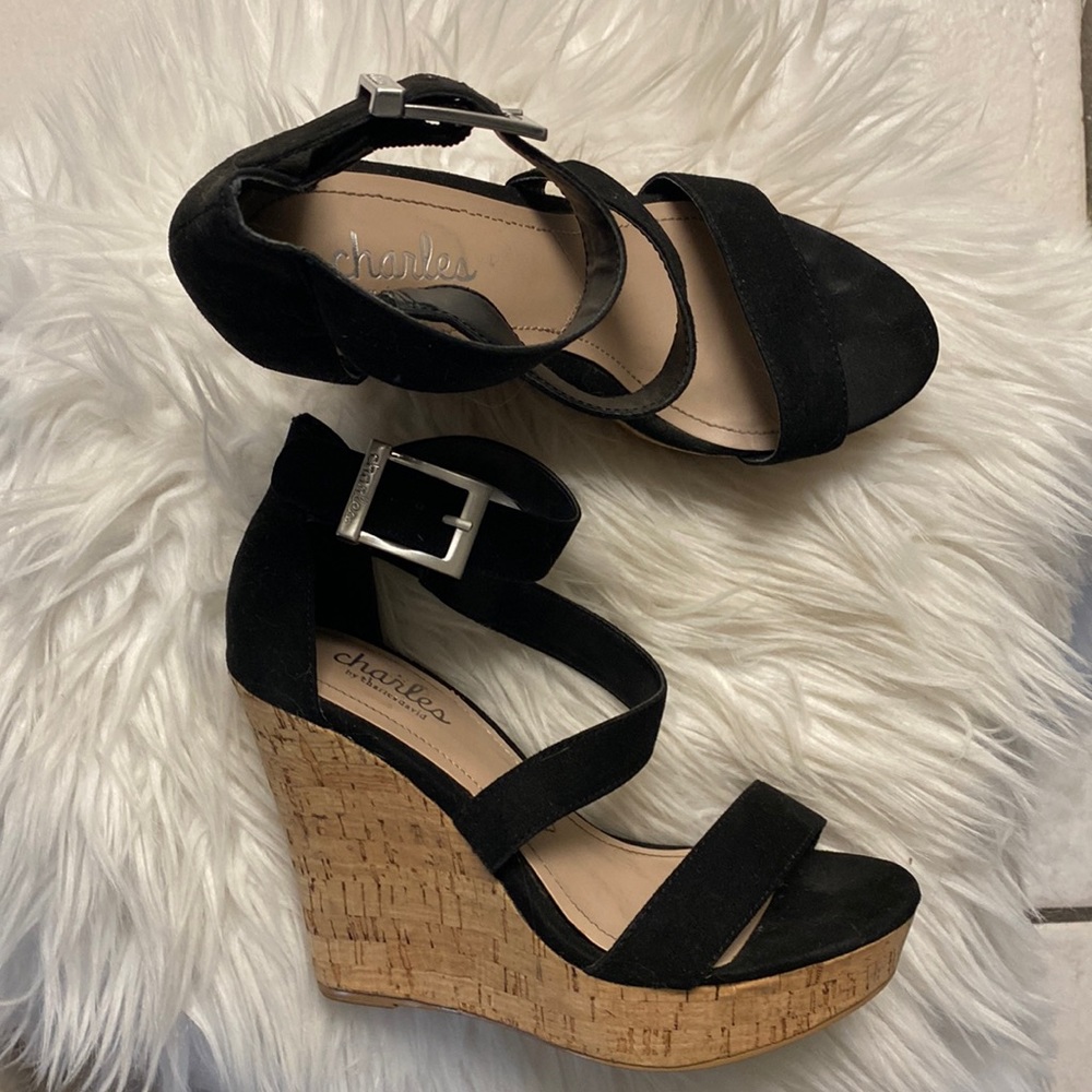 Black suede cork wedges